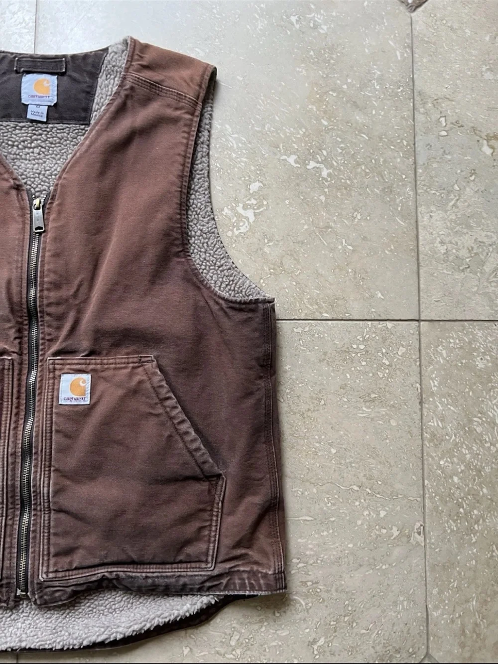 VTG Carhartt Canvas Sherpa Lined Faded Brown Workwear Vest Size Medium